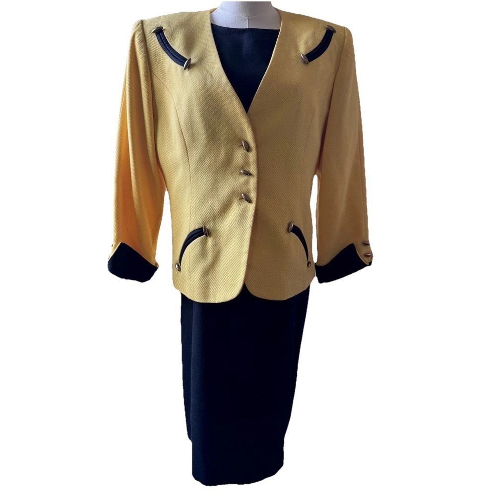 Vintage Yellow & Black Piqué Dress Suit Size 14 Textured Jacket Dress Don Elliot